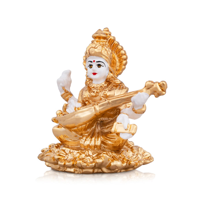 Saraswati Murti - 3 x 2.5 Inches | Metal Gold Polish Saraswathy Idol/ Sitting Saraswati Moorti for Pooja