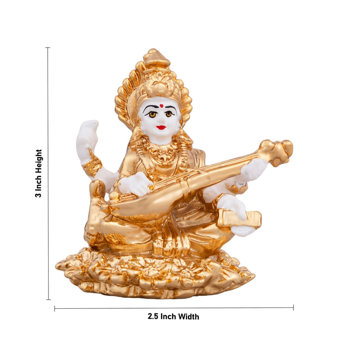 Saraswati Murti - 3 x 2.5 Inches | Metal Gold Polish Saraswathy Idol/ Sitting Saraswati Moorti for Pooja