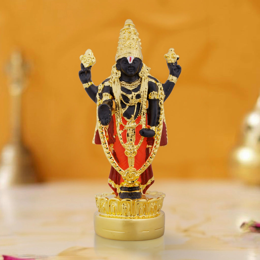 Vishnu Murti Standing On Lotus - 5 x 2.25 Inches | Gold Polish Balaji Murti/ Resin Balaji Idol for Pooja