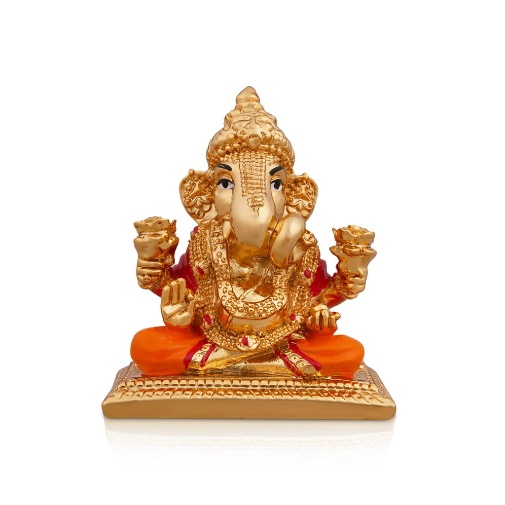 Ganesh Murti Sitting On Bajot - 2.75 x 2 Inches | Metal Gold Polish Vinayaka Statue/ Ganpati Statue for Pooja