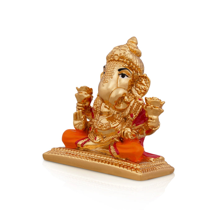 Ganesh Murti Sitting On Bajot - 2.75 x 2 Inches | Metal Gold Polish Vinayaka Statue/ Ganpati Statue for Pooja