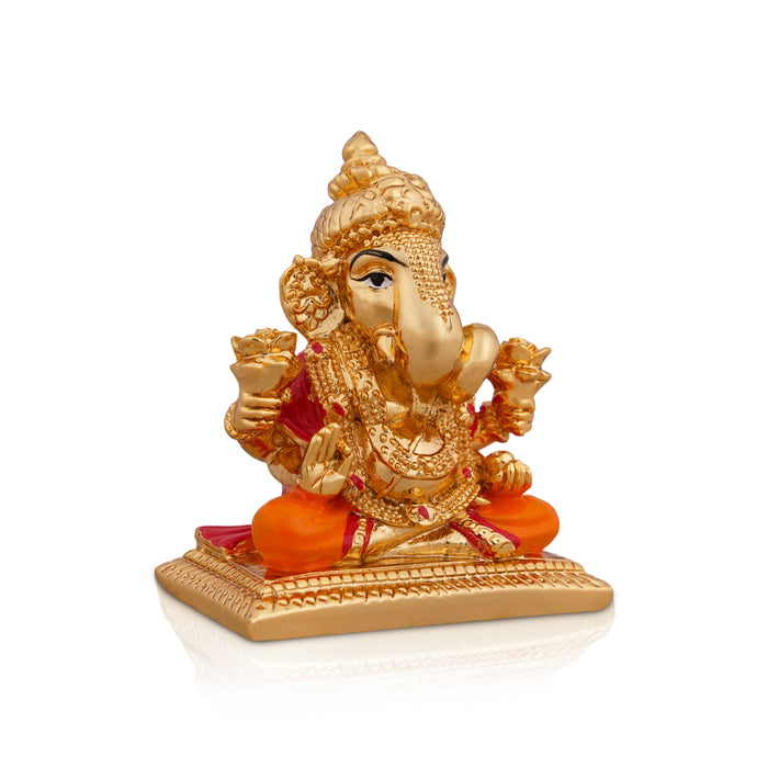 Ganesh Murti Sitting On Bajot - 2.75 x 2 Inches | Metal Gold Polish Vinayaka Statue/ Ganpati Statue for Pooja