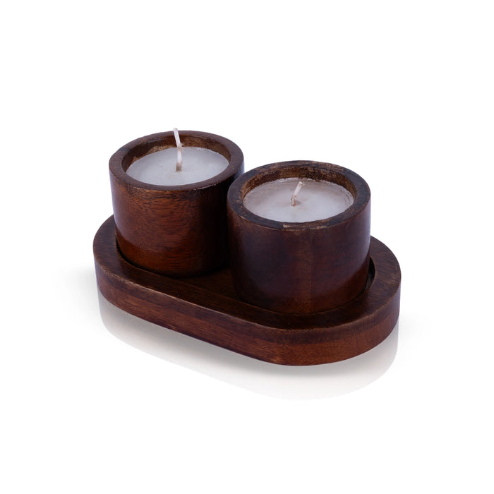 T Light Candle Pair With Plate - 2 x 5 Inches | Wooden Tea Light Candle/ Candle Tealight for Home - Candles