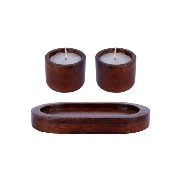 T Light Candle Pair With Plate - 2 x 5 Inches | Wooden Tea Light Candle/ Candle Tealight for Home - Candles
