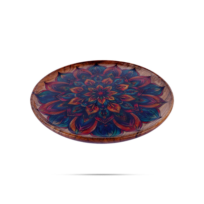 Wooden Plate - 1 x 10.5 Inches | Enamel Design Wooden Tray/ Serving Plate for Home - Pooja Plate & Tray