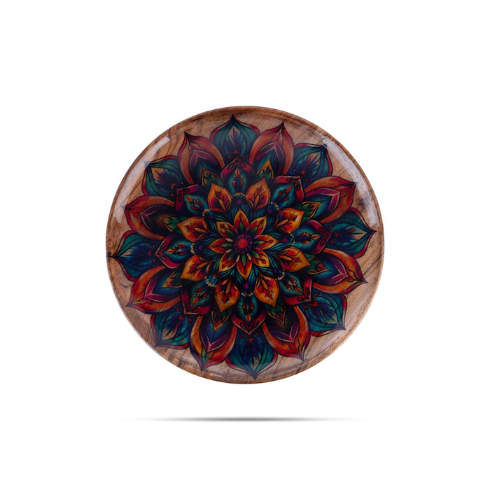 Wooden Plate - 1 x 10.5 Inches | Enamel Design Wooden Tray/ Serving Plate for Home - Pooja Plate & Tray