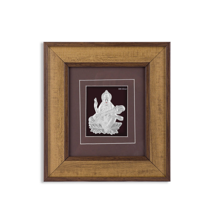 Saraswati Murti Photo Frame - 11 x 12 Inches | 999 Silver Foil / Wall Picture Frame/ Wall Decor For Pooja Room - Hindu God Photos & Frames