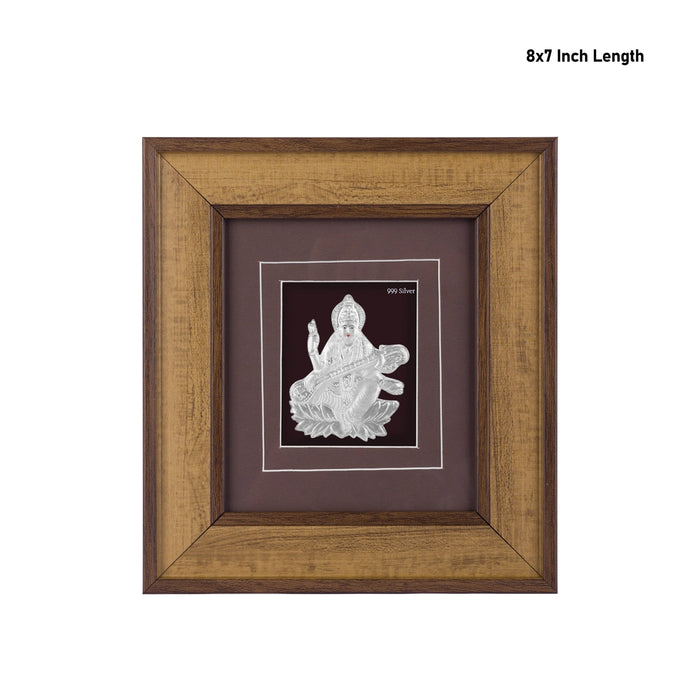Saraswati Murti Photo Frame - 11 x 12 Inches | 999 Silver Foil / Wall Picture Frame/ Wall Decor For Pooja Room - Hindu God Photos & Frames