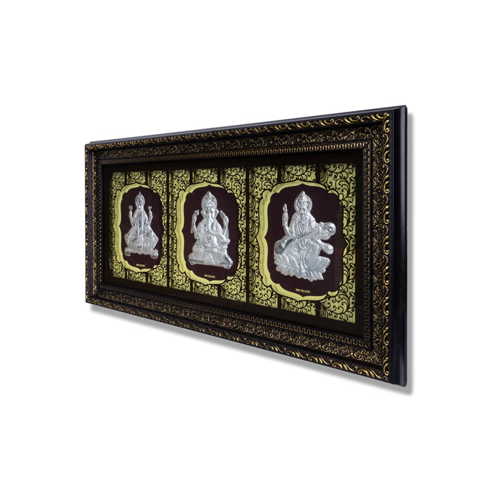 Lakshmi Ganesh Saraswati Murti Photo Frame - 10 X 20 Inches | Picture Frame/ 999 Silver Wall Picture For Pooja - Hindu God Photos & Frames