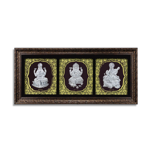 Lakshmi Ganesh Saraswati Murti Photo Frame- 11 X 25 Inches | 999 Silver Foil Picture Frame/Wall Picture For Pooja - Hindu God Photos & Frames