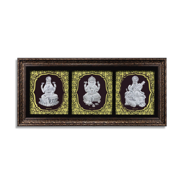 Lakshmi Ganesh Saraswati Murti Photo Frame- 11 X 25 Inches | 999 Silver Foil Picture Frame/Wall Picture For Pooja - Hindu God Photos & Frames