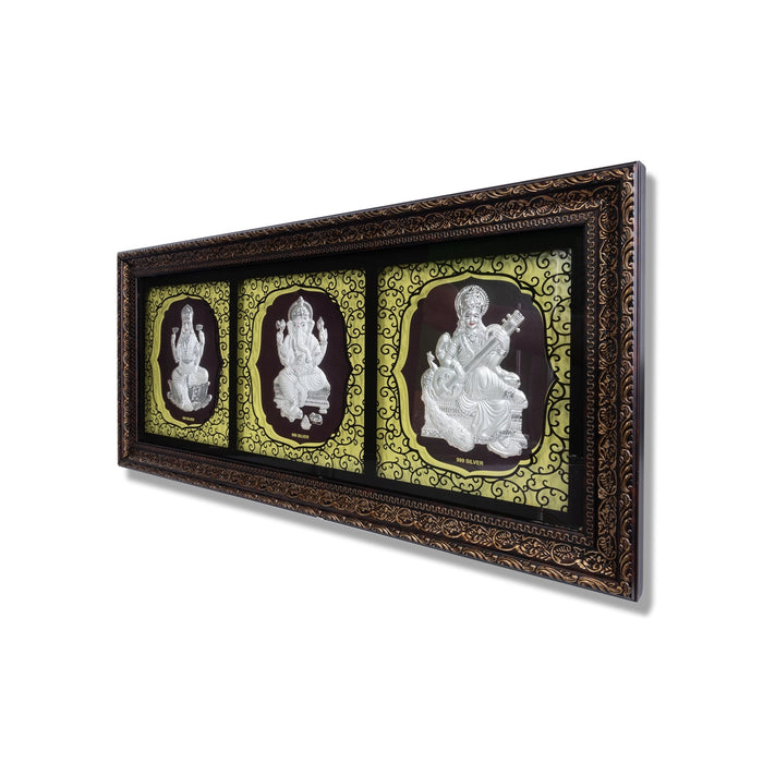Lakshmi Ganesh Saraswati Murti Photo Frame- 11 X 25 Inches | 999 Silver Foil Picture Frame/Wall Picture For Pooja - Hindu God Photos & Frames