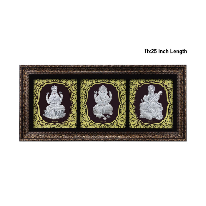 Lakshmi Ganesh Saraswati Murti Photo Frame- 11 X 25 Inches | 999 Silver Foil Picture Frame/Wall Picture For Pooja - Hindu God Photos & Frames