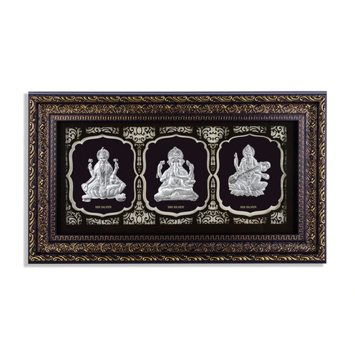 Lakshmi Ganesh Saraswati Murti Photo Frame- 8 X 15 Inches | 999 Silver Foil & Led Wall Picture Frame For Pooja - Hindu God Photos & Frames