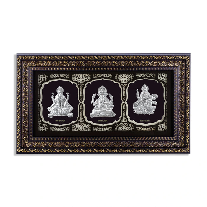 Lakshmi Ganesh Saraswati Murti Photo Frame- 8 X 15 Inches | 999 Silver Foil & Led Wall Picture Frame For Pooja - Hindu God Photos & Frames