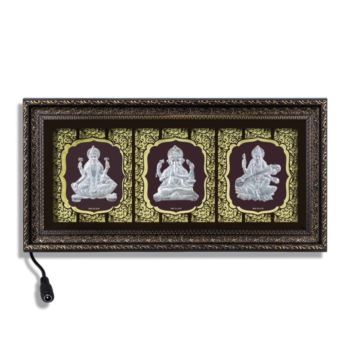 Lakshmi Ganesh Saraswati Murti Photo Frame- 10 X 20 Inches | 999 Silver Foil & Led Wall Picture Frame For Pooja - Hindu God Photos & Frames