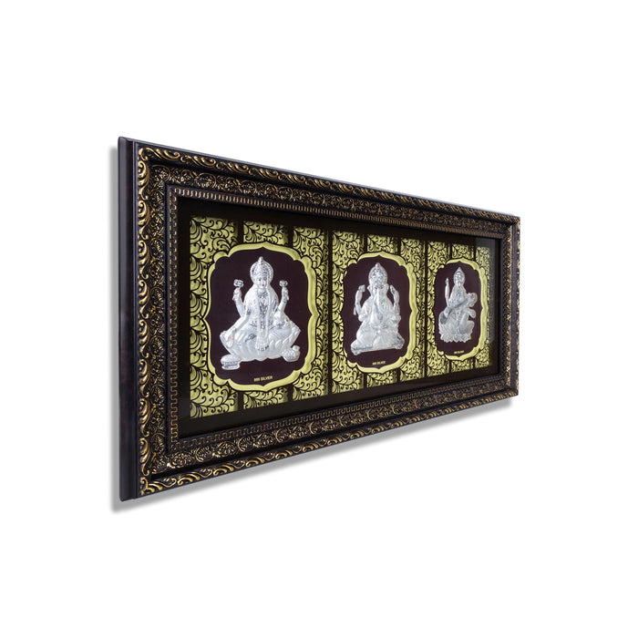 Lakshmi Ganesh Saraswati Murti Photo Frame- 10 X 20 Inches | 999 Silver Foil & Led Wall Picture Frame For Pooja - Hindu God Photos & Frames