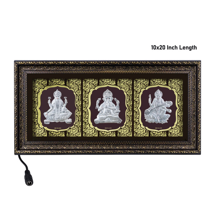 Lakshmi Ganesh Saraswati Murti Photo Frame- 10 X 20 Inches | 999 Silver Foil & Led Wall Picture Frame For Pooja - Hindu God Photos & Frames