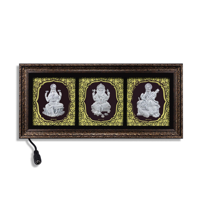 Lakshmi Ganesh Saraswati Murti Photo Frame- 11 X 25 Inches | 999 Silver Foil & Led Wall Picture Frame For Pooja - Hindu God Photos & Frames