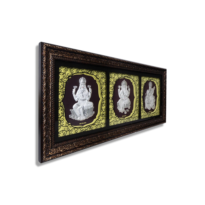 Lakshmi Ganesh Saraswati Murti Photo Frame- 11 X 25 Inches | 999 Silver Foil & Led Wall Picture Frame For Pooja - Hindu God Photos & Frames