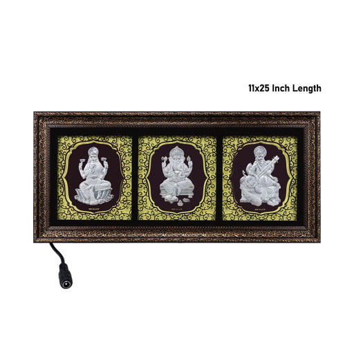 Lakshmi Ganesh Saraswati Murti Photo Frame- 11 X 25 Inches | 999 Silver Foil & Led Wall Picture Frame For Pooja - Hindu God Photos & Frames