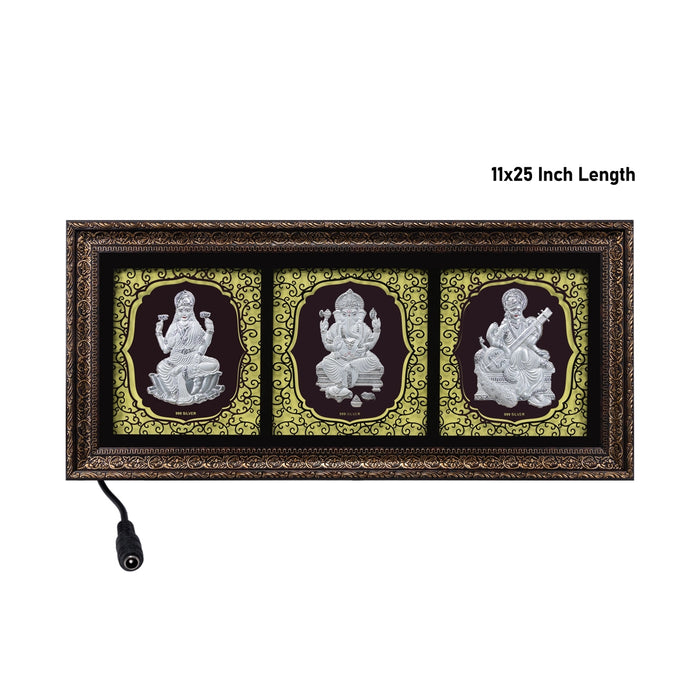 Lakshmi Ganesh Saraswati Murti Photo Frame- 11 X 25 Inches | 999 Silver Foil & Led Wall Picture Frame For Pooja - Hindu God Photos & Frames