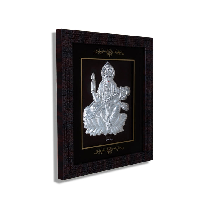Saraswati Murti Photo Frame - 6 X 7 Inches | 999 Silver Foil Picture Frame/ Wall Picture For Pooja Room - Hindu God Photos & Frames