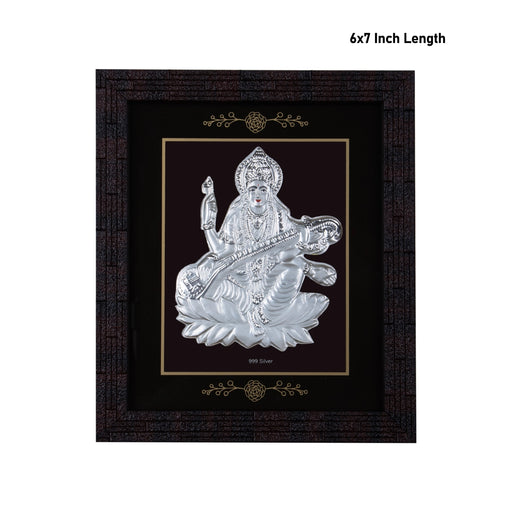 Saraswati Murti Photo Frame - 6 X 7 Inches | 999 Silver Foil Picture Frame/ Wall Picture For Pooja Room - Hindu God Photos & Frames
