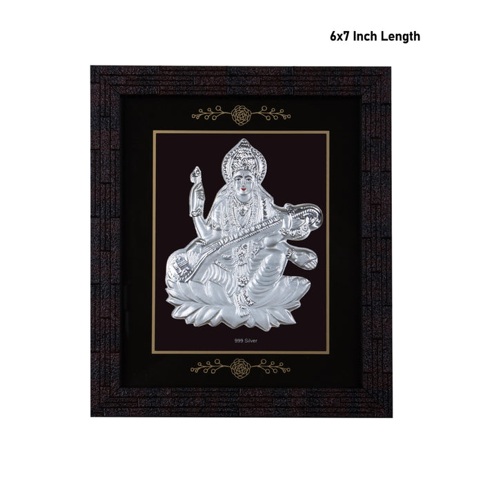 Saraswati Murti Photo Frame - 6 X 7 Inches | 999 Silver Foil Picture Frame/ Wall Picture For Pooja Room - Hindu God Photos & Frames