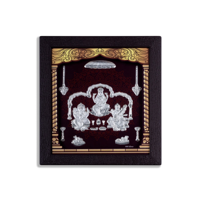 Lakshmi Ganesh Saraswati Murti Photo Frame - 8.5 X 7.5 Inches | 999 Silver Foil Wall Picture Frame For Pooja - Hindu God Photos & Frames