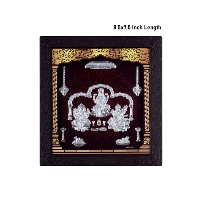 Lakshmi Ganesh Saraswati Murti Photo Frame - 8.5 X 7.5 Inches | 999 Silver Foil Wall Picture Frame For Pooja - Hindu God Photos & Frames