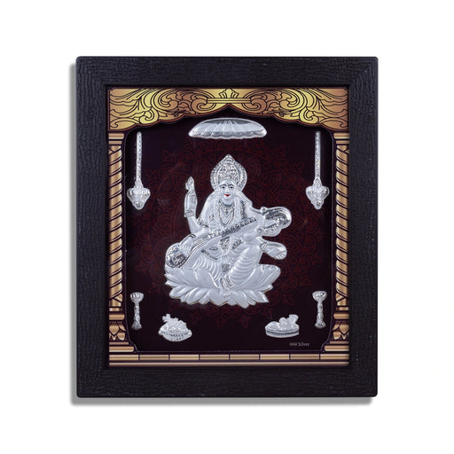 Saraswati Murti Photo Frame - 8.5 X 7.5 Inches | Picture Frame/ 999 Silver Wall Picture For Pooja & Home Decor - Hindu God Photos & Frames