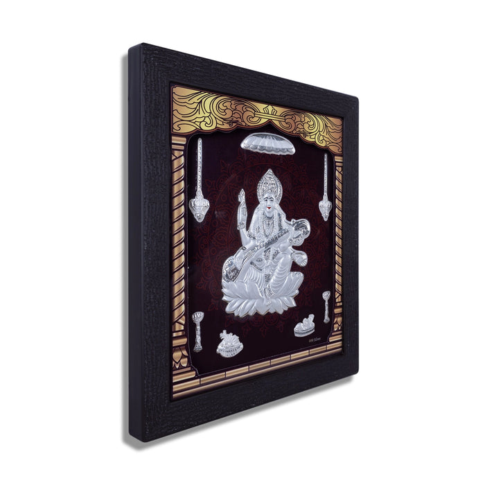 Saraswati Murti Photo Frame - 8.5 X 7.5 Inches | Picture Frame/ 999 Silver Wall Picture For Pooja & Home Decor - Hindu God Photos & Frames