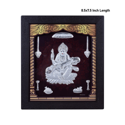 Saraswati Murti Photo Frame - 8.5 X 7.5 Inches | Picture Frame/ 999 Silver Wall Picture For Pooja & Home Decor - Hindu God Photos & Frames