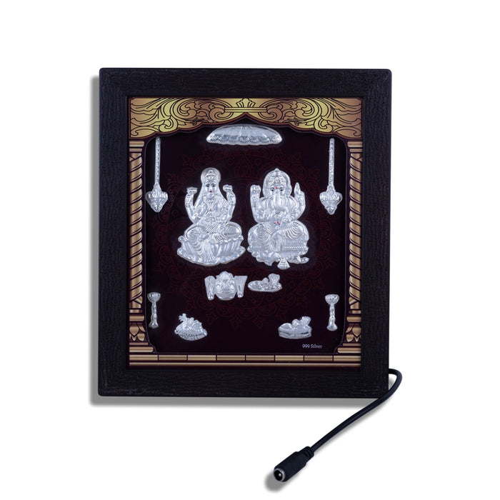 Lakshmi Ganesh Murti Photo Frame - 8.5 X 7.5 Inches | 999 Silver Foil & Led Wall Picture Frame For Pooja Room - Hindu God Photos & Frames