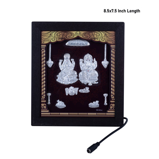 Lakshmi Ganesh Murti Photo Frame - 8.5 X 7.5 Inches | 999 Silver Foil & Led Wall Picture Frame For Pooja Room - Hindu God Photos & Frames