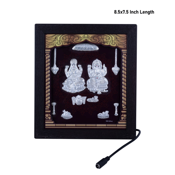 Lakshmi Ganesh Murti Photo Frame - 8.5 X 7.5 Inches | 999 Silver Foil & Led Wall Picture Frame For Pooja Room - Hindu God Photos & Frames