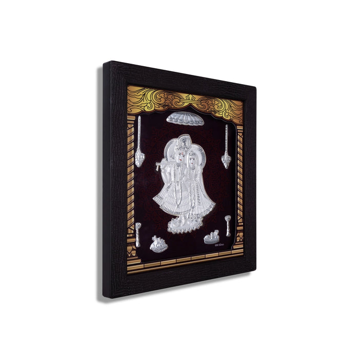 Radha Krishna Murti Photo Frame - 8.5 X 7.5 Inches | 999 Silver Foil & Led Wall Picture Frame For Pooja Room - Hindu God Photos & Frames