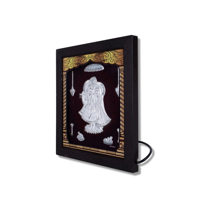 Radha Krishna Murti Photo Frame - 8.5 X 7.5 Inches | 999 Silver Foil & Led Wall Picture Frame For Pooja Room - Hindu God Photos & Frames