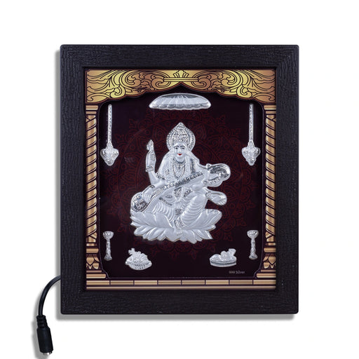 Saraswati Murti Photo Frame - 8.5 X 7.5 Inches | Led Picture Frame/ 999 Silver Wall Picture For Home Decor - Hindu God Photos & Frames