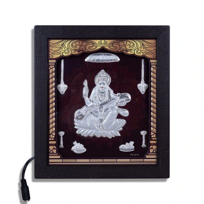 Saraswati Murti Photo Frame - 8.5 X 7.5 Inches | Led Picture Frame/ 999 Silver Wall Picture For Home Decor - Hindu God Photos & Frames