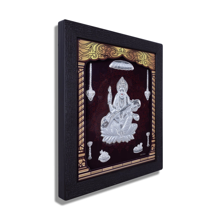 Saraswati Murti Photo Frame - 8.5 X 7.5 Inches | Led Picture Frame/ 999 Silver Wall Picture For Home Decor - Hindu God Photos & Frames