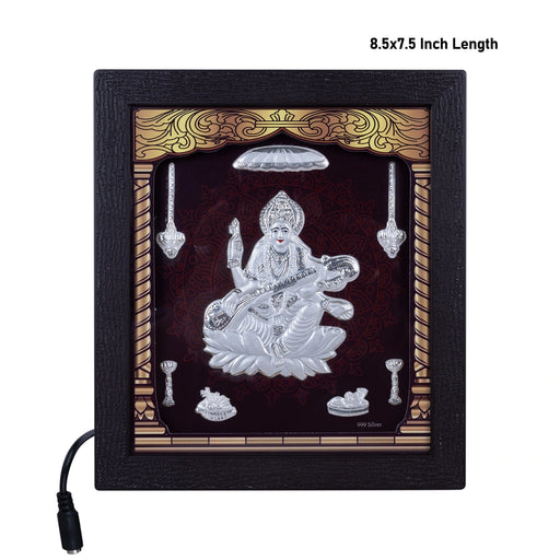 Saraswati Murti Photo Frame - 8.5 X 7.5 Inches | Led Picture Frame/ 999 Silver Wall Picture For Home Decor - Hindu God Photos & Frames
