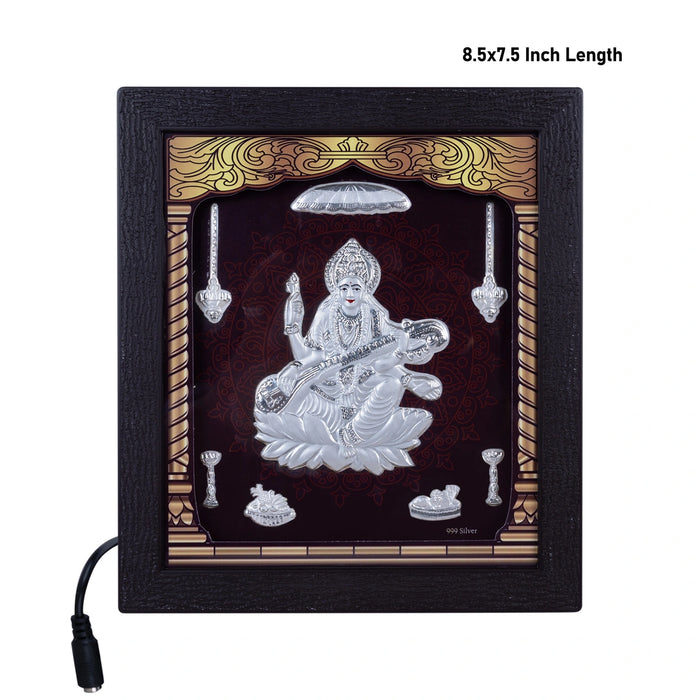 Saraswati Murti Photo Frame - 8.5 X 7.5 Inches | Led Picture Frame/ 999 Silver Wall Picture For Home Decor - Hindu God Photos & Frames