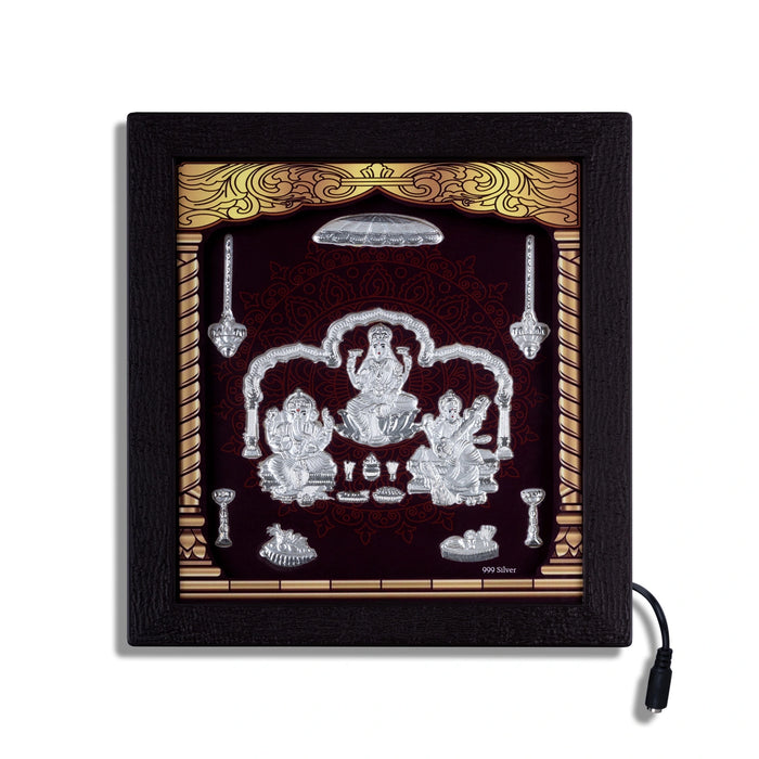 Lakshmi Ganesh Saraswati Murti Photo Frame - 8.5 X 7.5 Inches | Led Picture Frame/ 999 Silver Wall Picture - Hindu God Photos & Frames