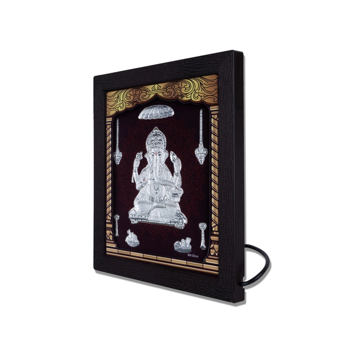 Ganesh Murti Photo Frame - 8.5 x 7.5 Inches | 999 Silver Foil Wall Picture Frame/ Led Wall Decor For Puja Room - Hindu God Photos & Frames