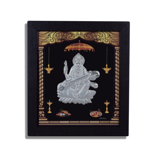 Saraswati Murti Photo Frame - 8.5 X 7.5 Inches | Picture Frame/ 999 Silver Wall Picture For Pooja & Home Decor - Hindu God Photos & Frames