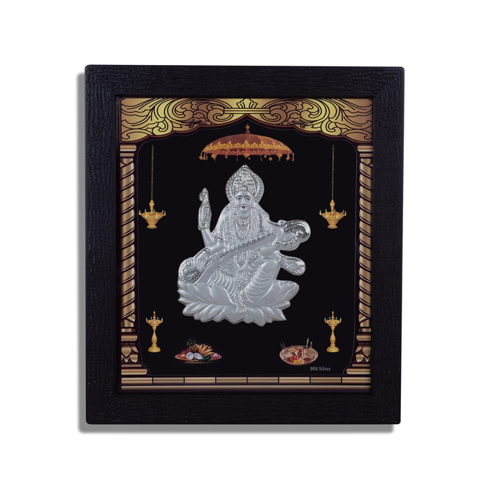 Saraswati Murti Photo Frame - 8.5 X 7.5 Inches | Picture Frame/ 999 Silver Wall Picture For Pooja & Home Decor - Hindu God Photos & Frames