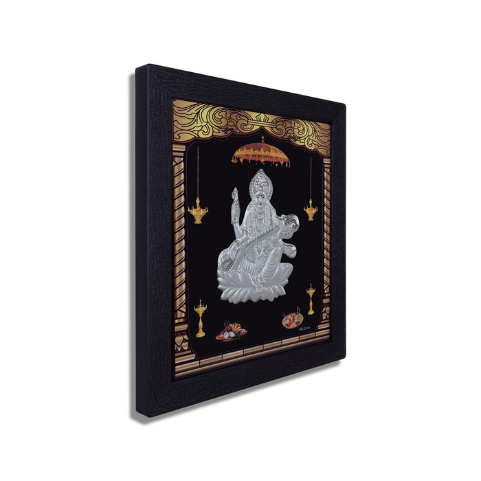 Saraswati Murti Photo Frame - 8.5 X 7.5 Inches | Picture Frame/ 999 Silver Wall Picture For Pooja & Home Decor - Hindu God Photos & Frames