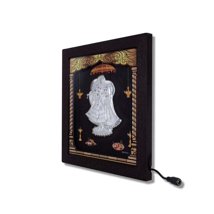 Radha Krishna Murti Photo Frame- 8.5 x 7.5 Inches | 999 Silver Foil Wall Picture Frame/Led Wall Decor For Pooja - Hindu God Photos & Frames